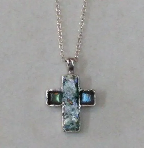 Sterling Silver Cross Pendant for Woman. Holy Land Roman glass, silver and Gemstones