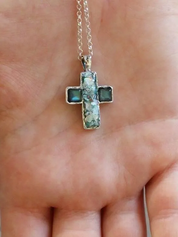 Sterling Silver Cross Pendant for Woman. Holy Land Roman glass, silver and Gemstones