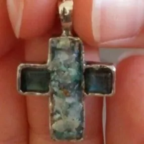 Sterling Silver Cross Pendant for Woman. Holy Land Roman glass, silver and Gemstones