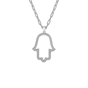 Sterling Silver Hamsa Halo Paper Clip Chain Necklace