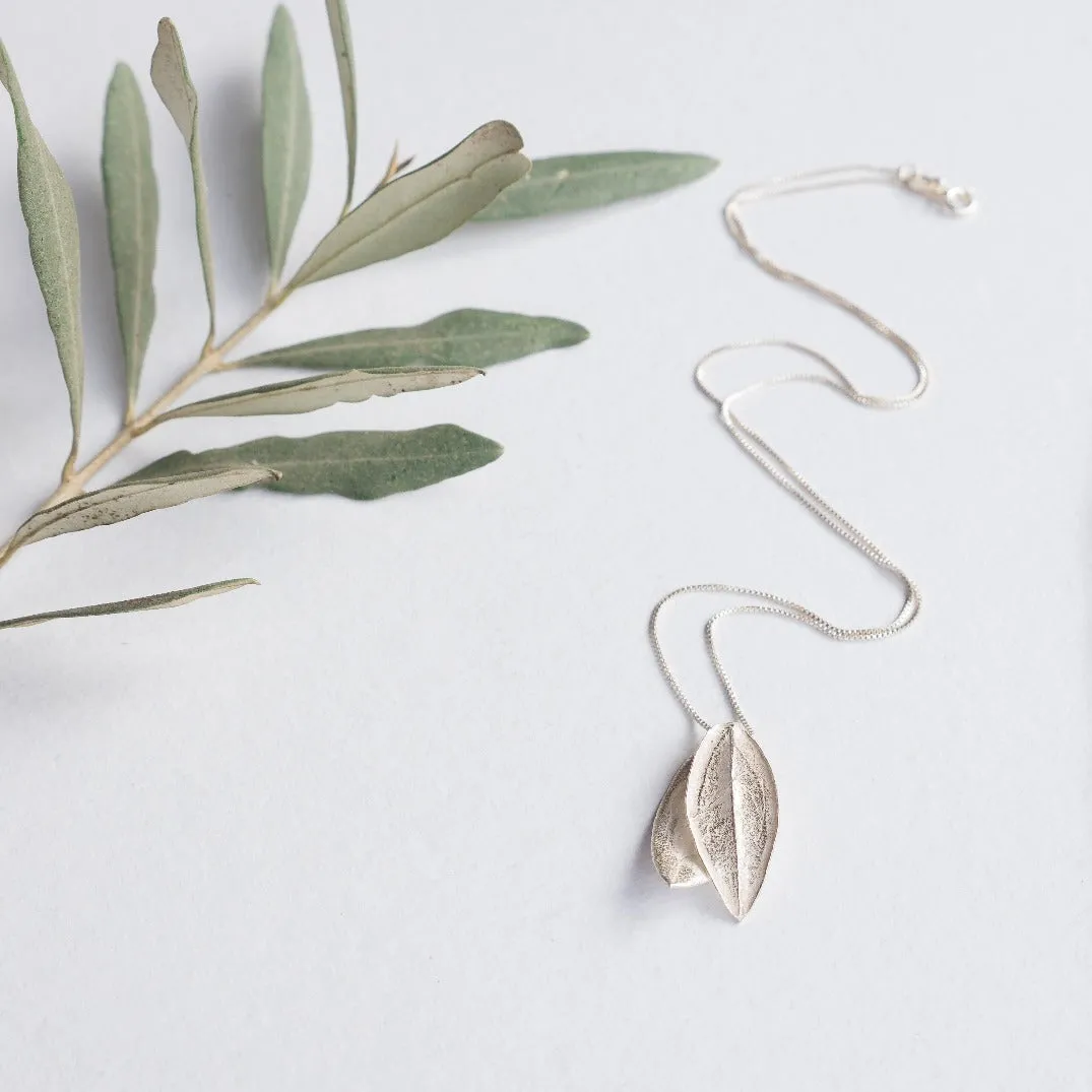 Sterling Silver Olive Leaf Necklace on Chain with Fused Leaves