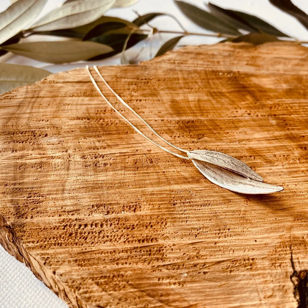 Sterling Silver Olive Leaf Necklace on Chain with Fused Leaves