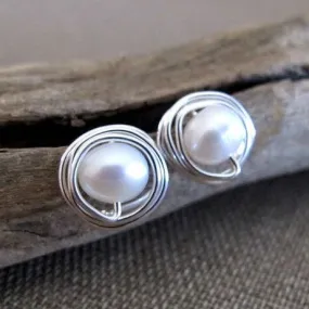 Sterling Silver Wire Swapped Pearl Stud Earrings