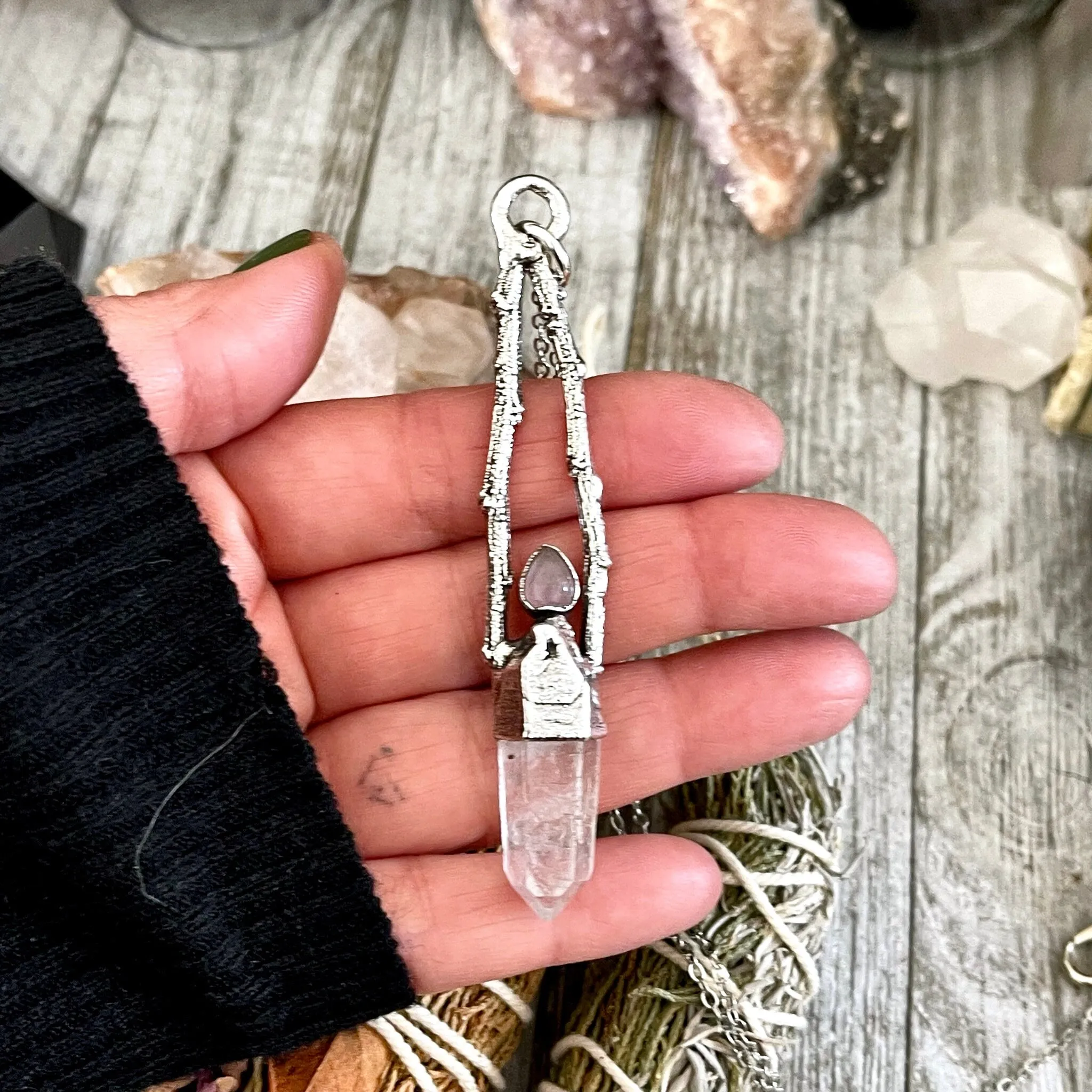 Sticks & Stones Collection- Raw Clear Quartz and Rose Quartz Necklace in Fine Silver /