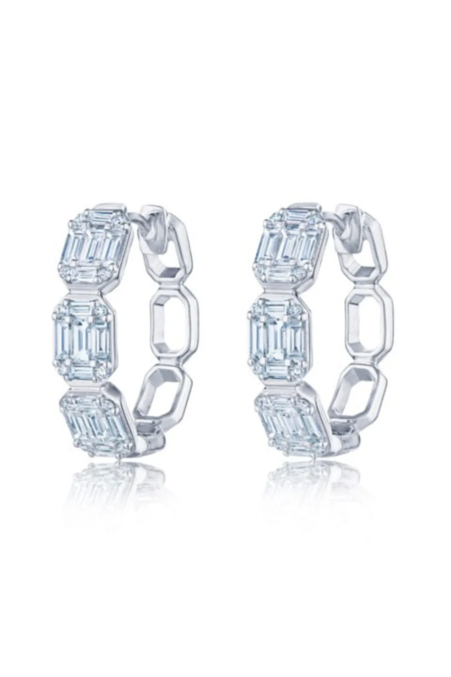 Sunburst Emerald Cut Hoop Earrings - White Gold