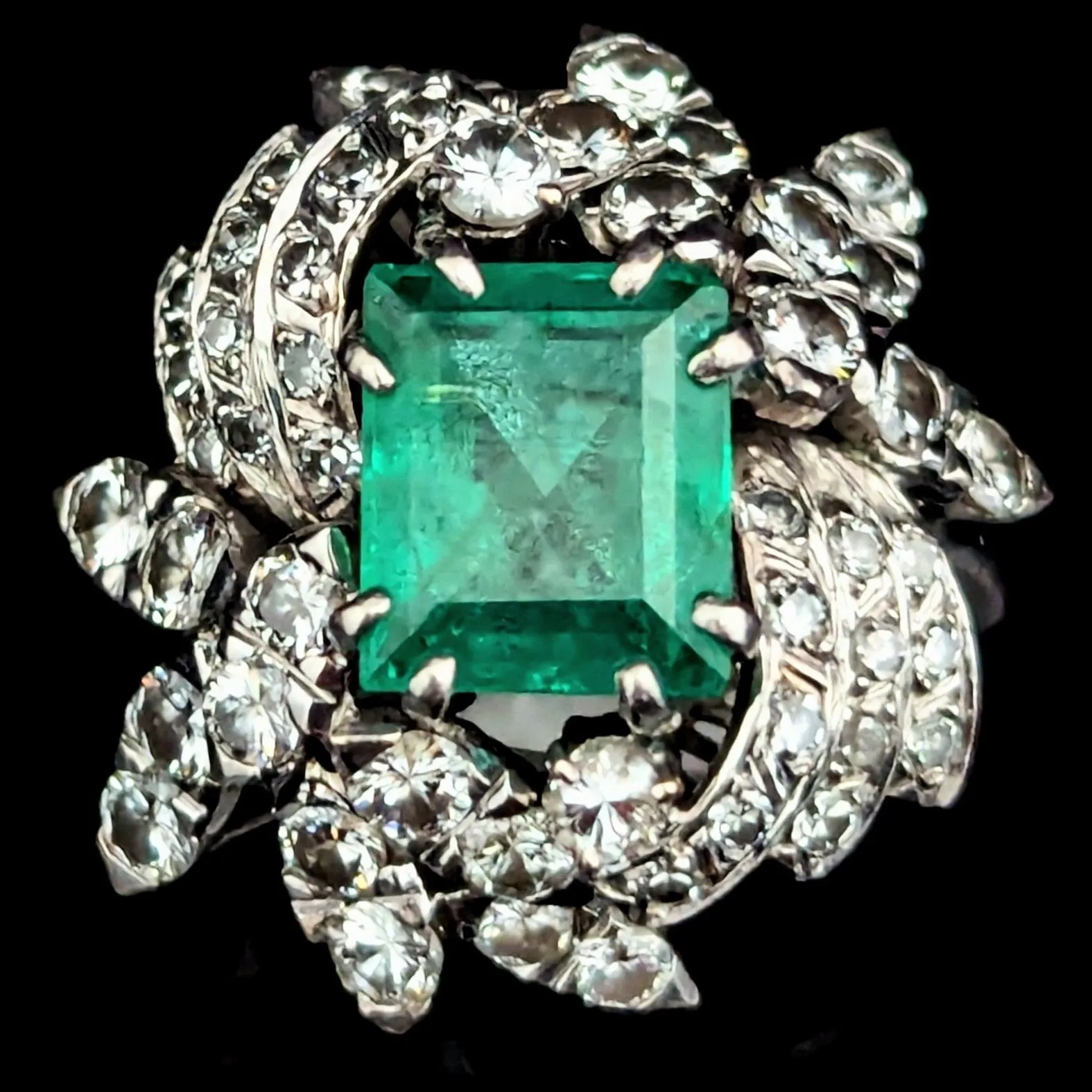 The Alston - Vintage GIA Graded Emerald Diamonds White Gold Cocktail Ring