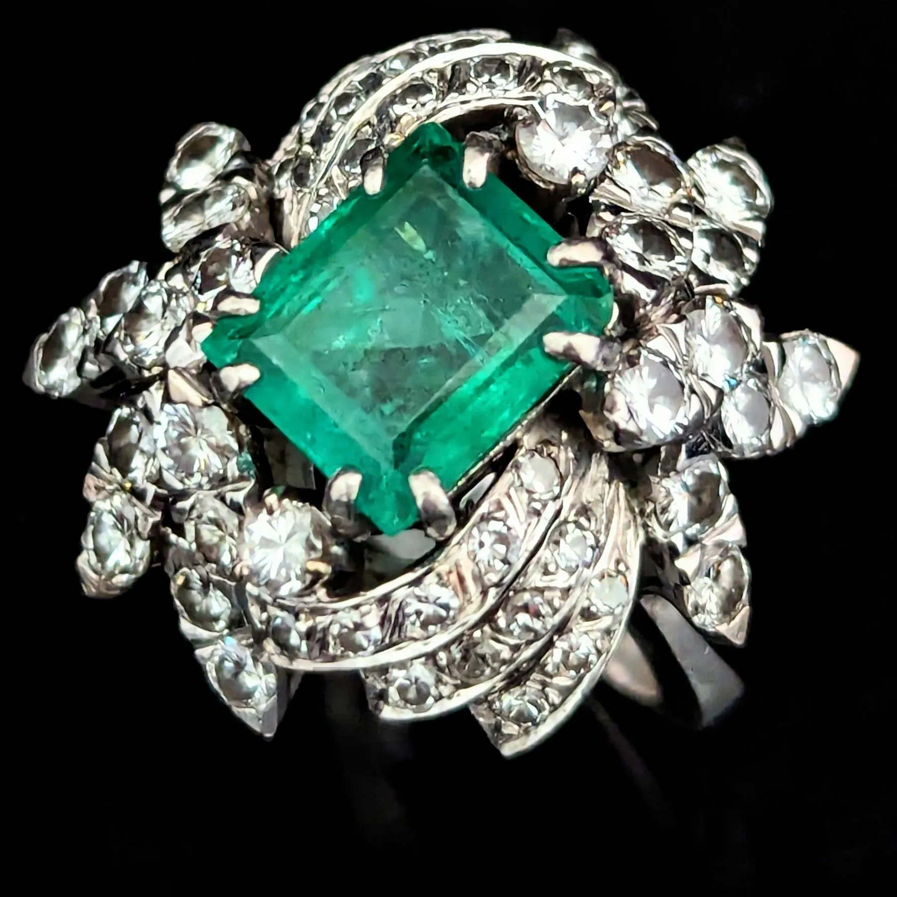 The Alston - Vintage GIA Graded Emerald Diamonds White Gold Cocktail Ring