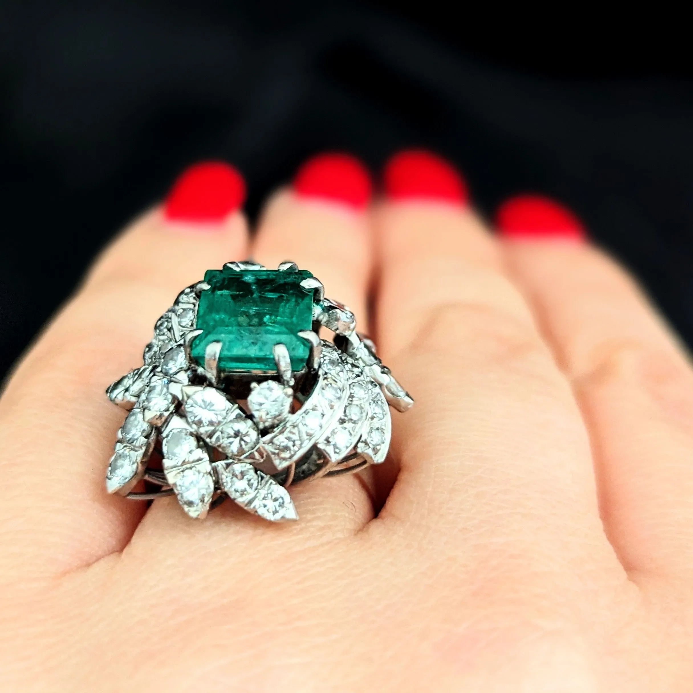 The Alston - Vintage GIA Graded Emerald Diamonds White Gold Cocktail Ring