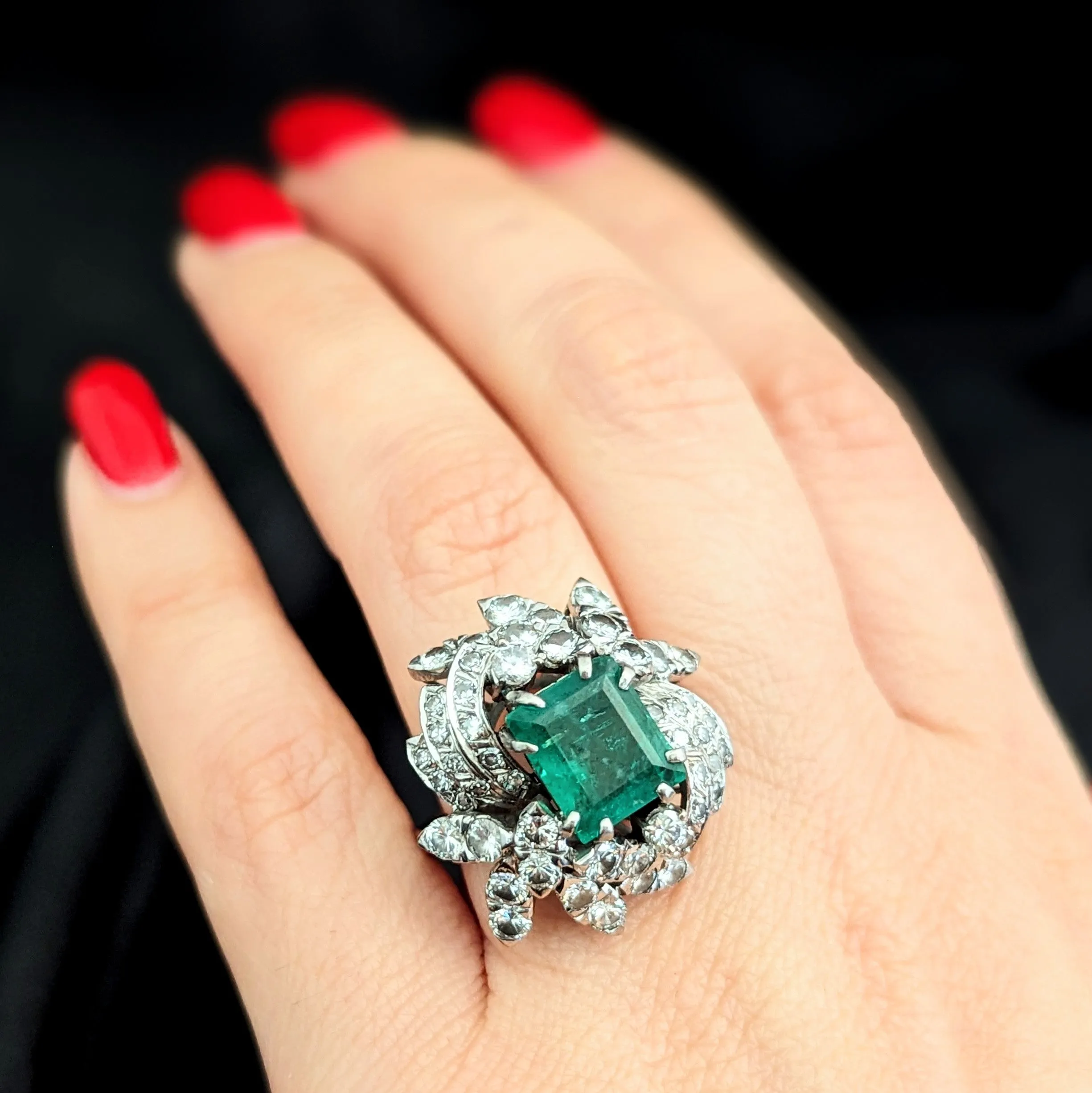 The Alston - Vintage GIA Graded Emerald Diamonds White Gold Cocktail Ring