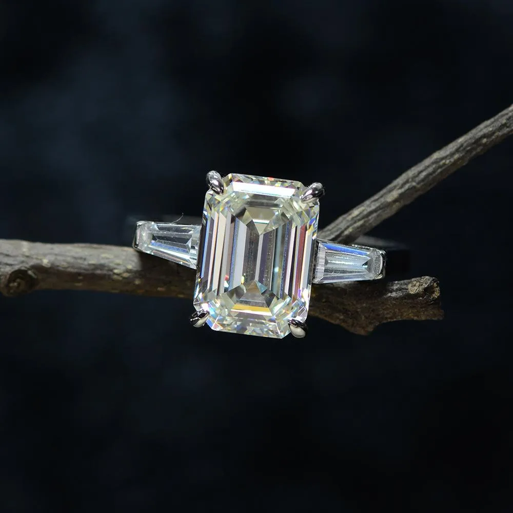 Three Stone Emerald Cut Sterling Silver Ring