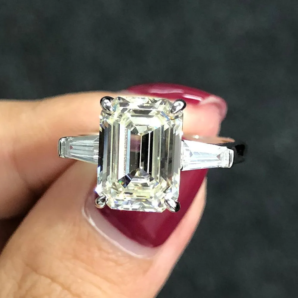 Three Stone Emerald Cut Sterling Silver Ring