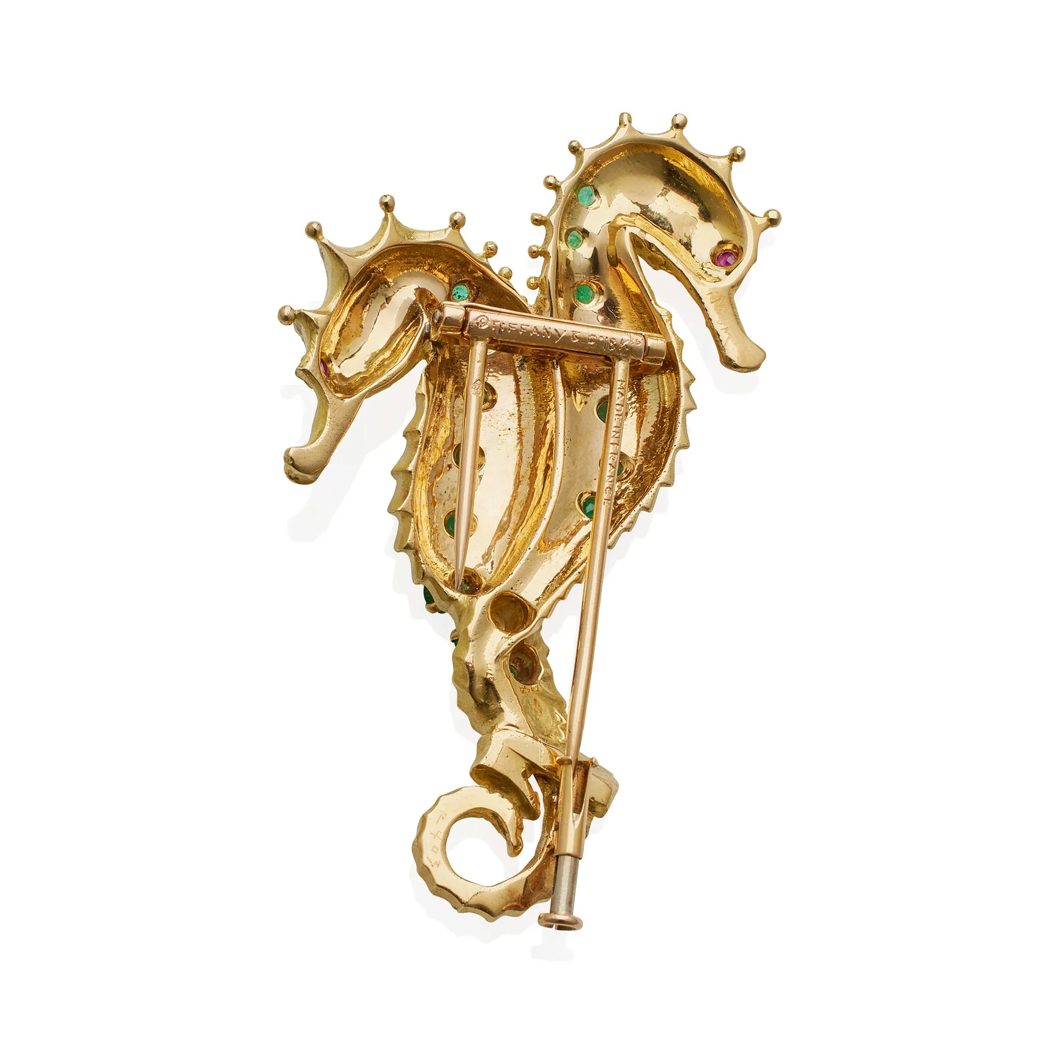 Sure! Here’s an optimized title for the product in English:

Exquisite Tiffany & Co. Georges Lenfant 18k Gold and Emerald Double Seahorse Brooch – Elegant Vintage Jewelry