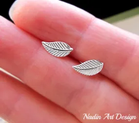 Tiny Silver Leaf Stud Earrings