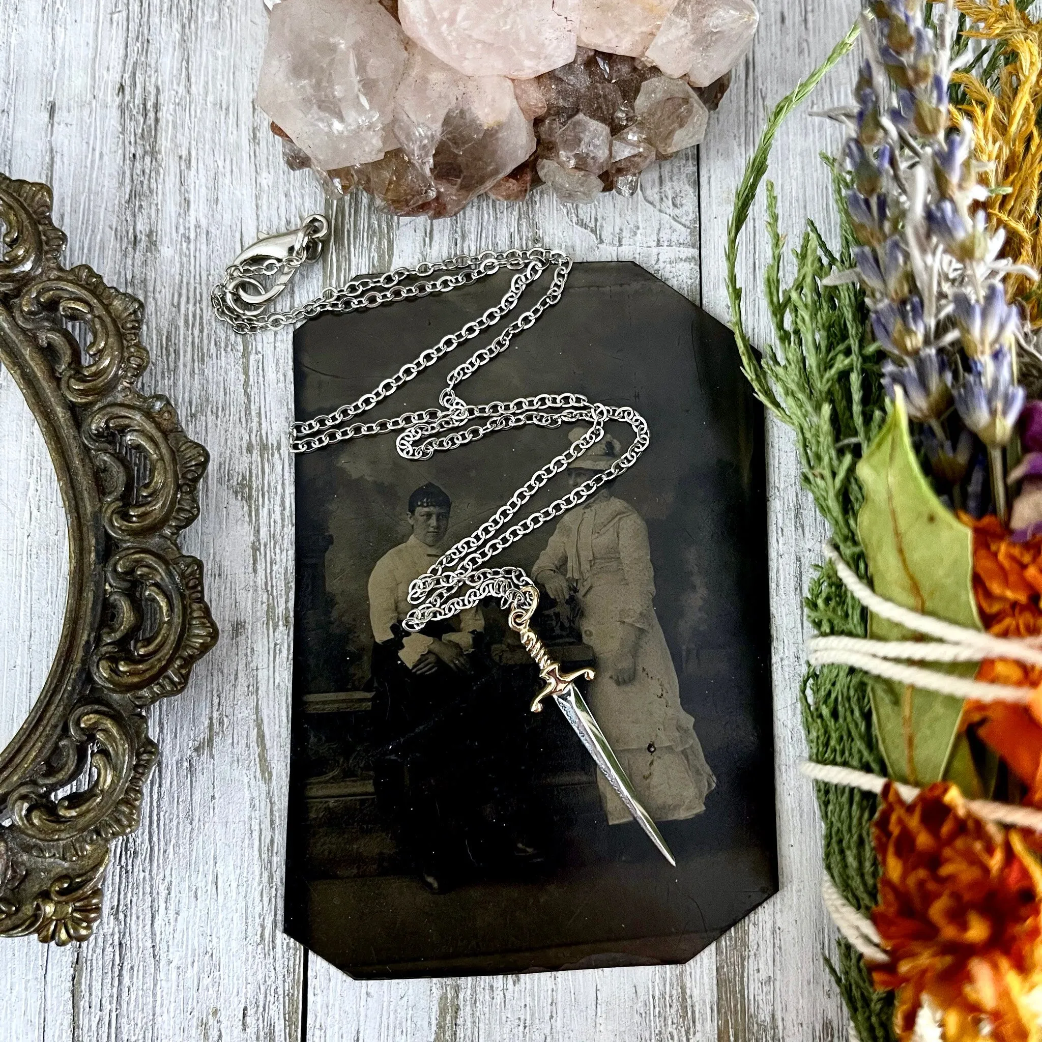 Tiny Talisman Collection - Sterling Silver Sword or Dagger Pendant with Bronze Handle 41x10mm /