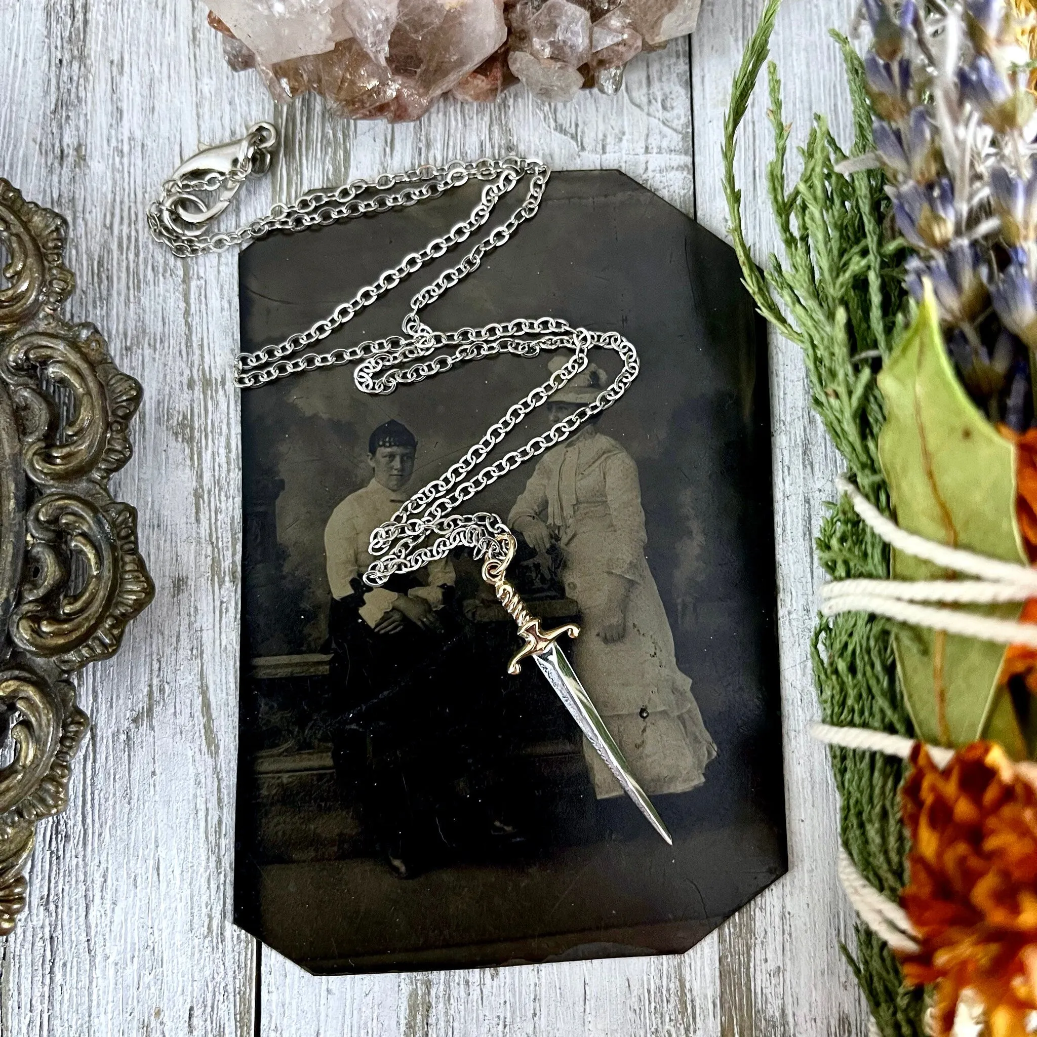 Tiny Talisman Collection - Sterling Silver Sword or Dagger Pendant with Bronze Handle 41x10mm /