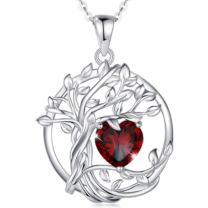 Tree of Life Birthstone Necklace for Women Sterling Silver Heart Jewelry Pendant Gemstone Birthday Gifts for Her