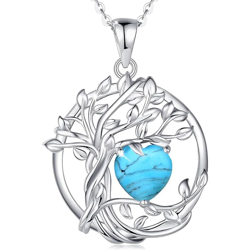 Tree of Life Birthstone Necklace for Women Sterling Silver Heart Jewelry Pendant Gemstone Birthday Gifts for Her