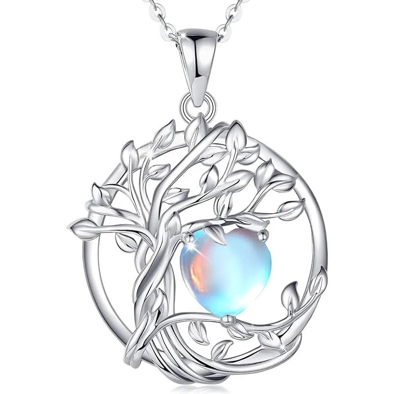 Tree of Life Birthstone Necklace for Women Sterling Silver Heart Jewelry Pendant Gemstone Birthday Gifts for Her