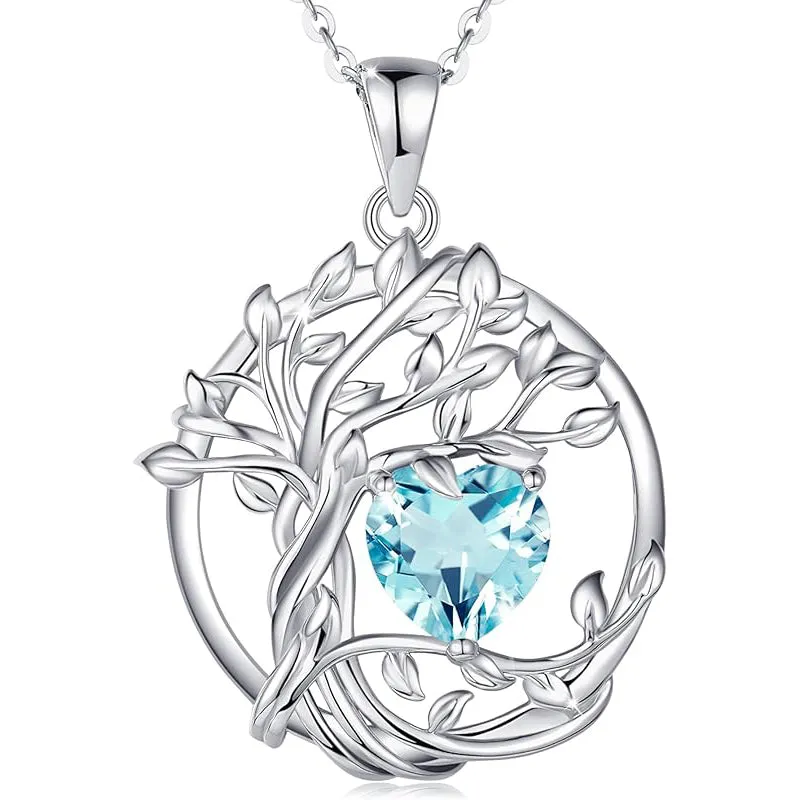 Tree of Life Birthstone Necklace for Women Sterling Silver Heart Jewelry Pendant Gemstone Birthday Gifts for Her