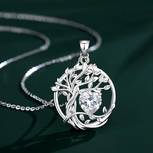 Tree of Life Birthstone Necklace for Women Sterling Silver Heart Jewelry Pendant Gemstone Birthday Gifts for Her