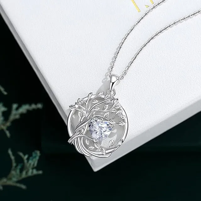 Tree of Life Birthstone Necklace for Women Sterling Silver Heart Jewelry Pendant Gemstone Birthday Gifts for Her