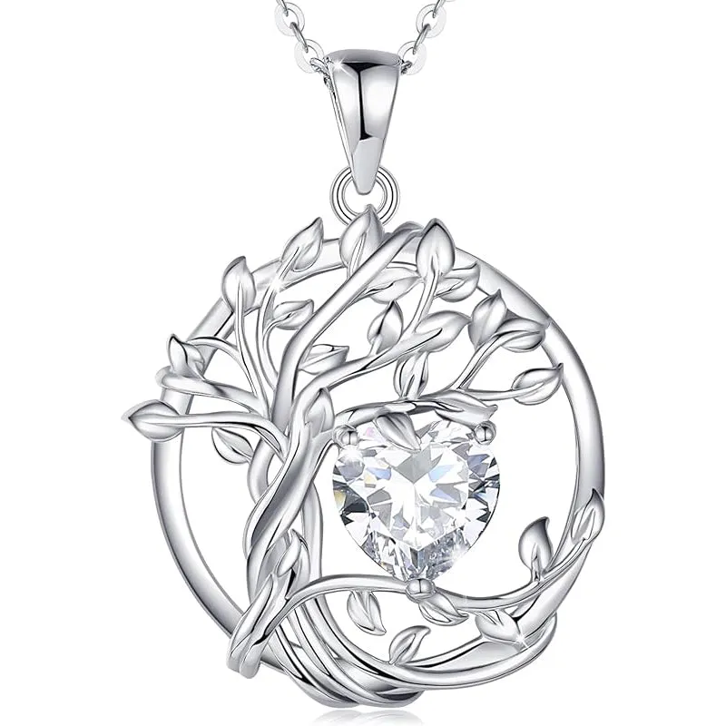 Tree of Life Birthstone Necklace for Women Sterling Silver Heart Jewelry Pendant Gemstone Birthday Gifts for Her