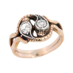 Victorian 14k and Sterling Silver Double Snake Head Diamond Ring