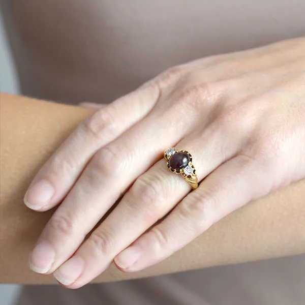 Victorian 15kt Cabochon Garnet   Diamond Ring 0.80ct center