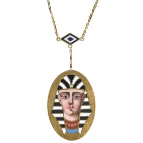 Victorian Egyptian Revival 14kt Enameled Pharaoh Pendant Necklace 18"