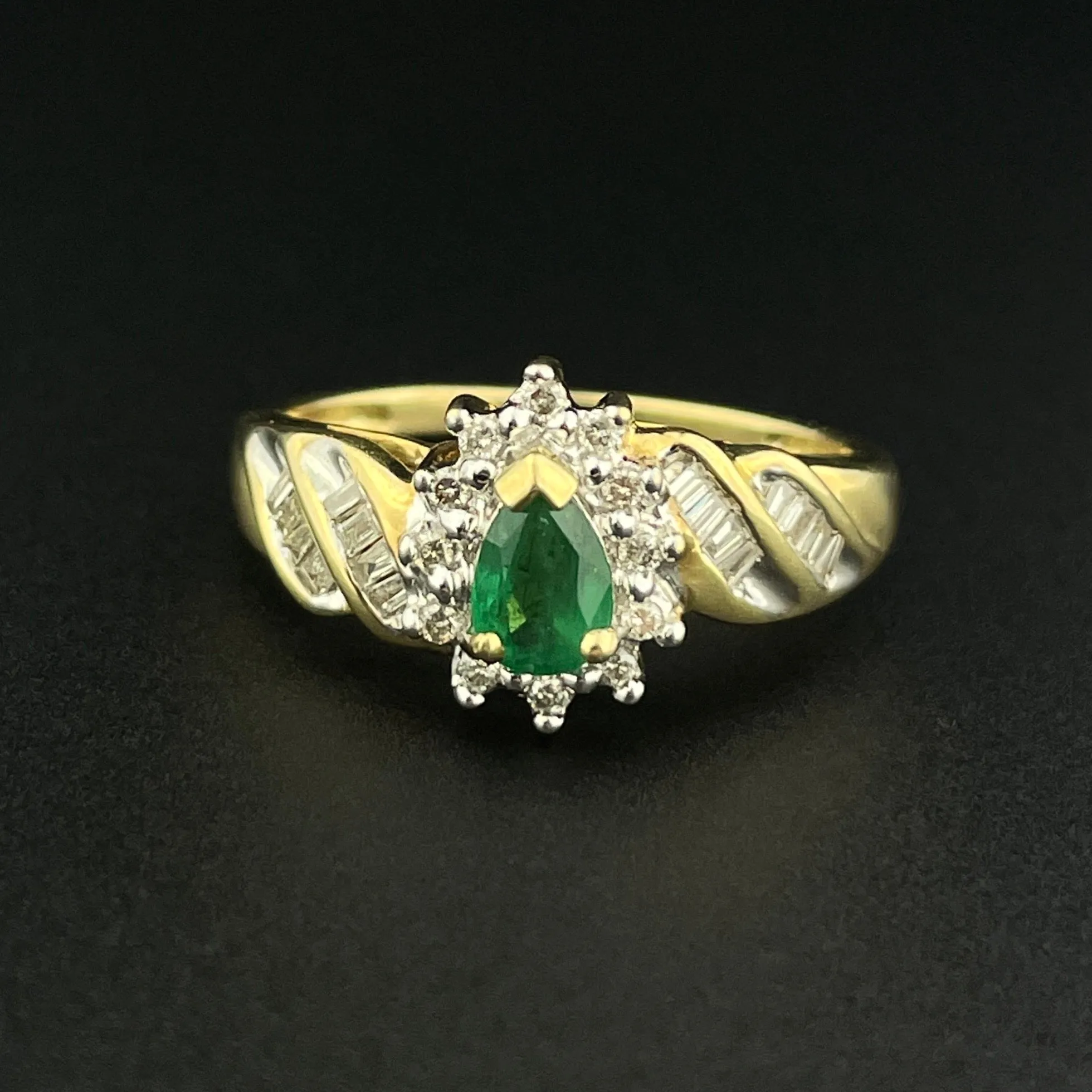 Vintage 10K Gold Pear Cut Emerald Baguette Diamond Halo Ring, Sz 8 1/4