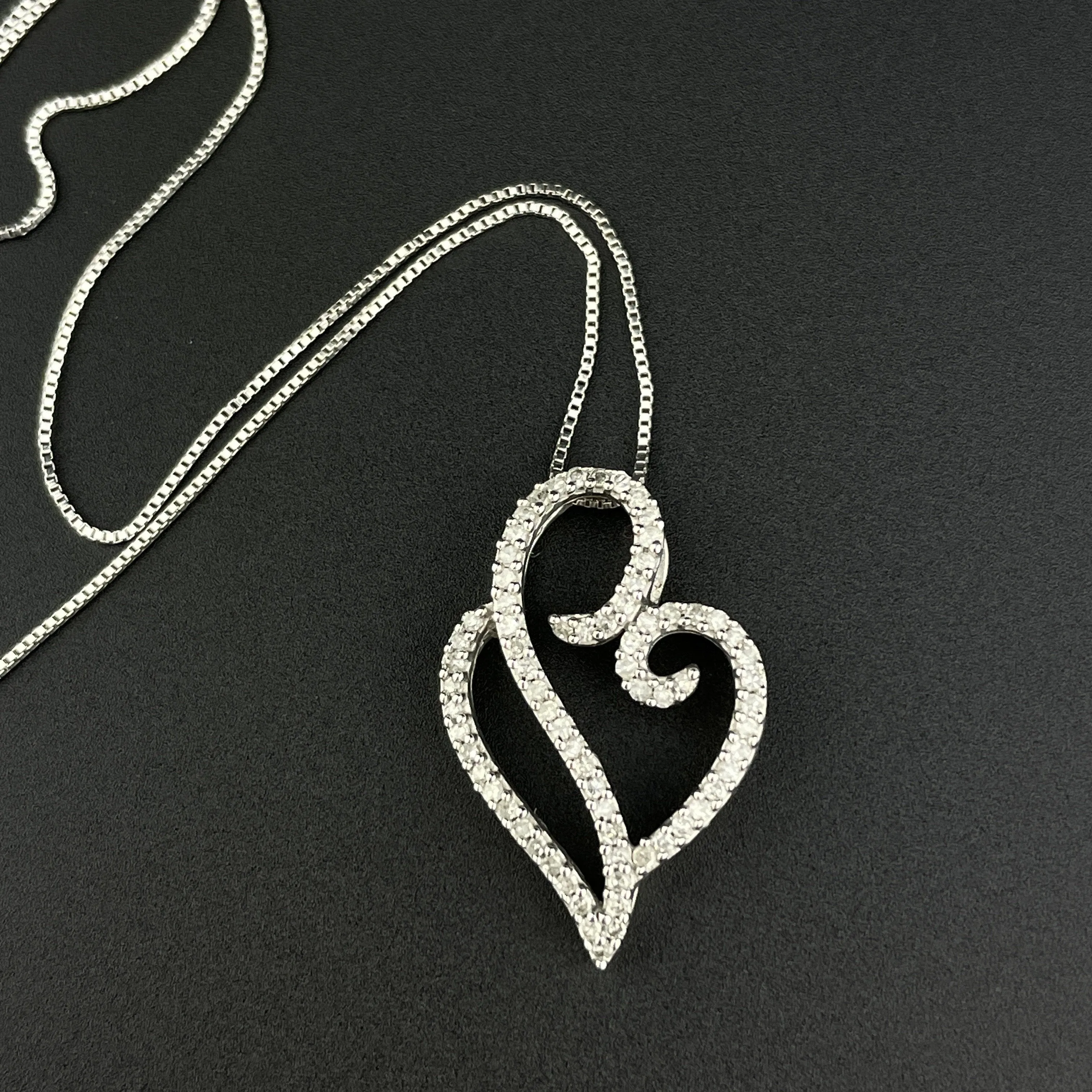 Vintage 10K White Gold Diamond Open Heart Pendant Necklace