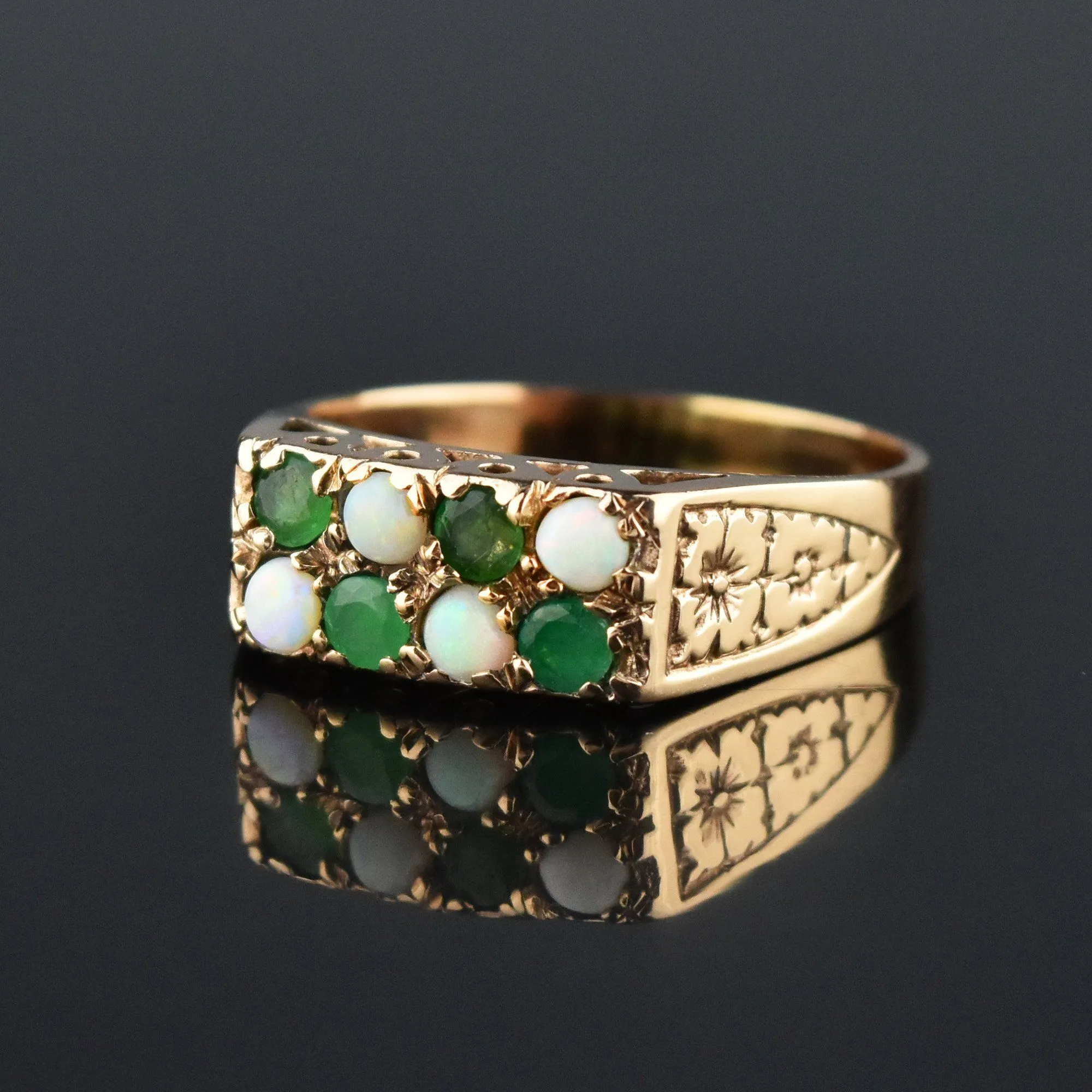 Vintage Art Deco Style Gold Opal & Emerald Band Ring, Sz 8