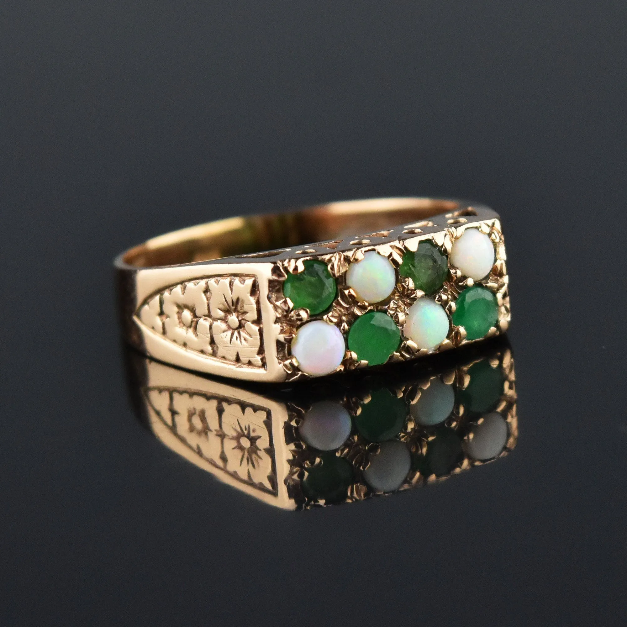 Vintage Art Deco Style Gold Opal & Emerald Band Ring, Sz 8