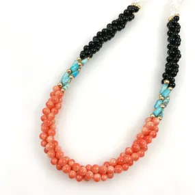 Vintage Coral Black Onyx Pearl Necklace Multi-Strand