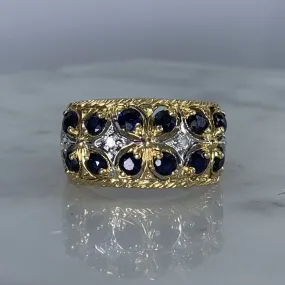 Vintage London Blue Topaz and Diamond Band Ring in Yellow Gold. Unique Engagement Ring.