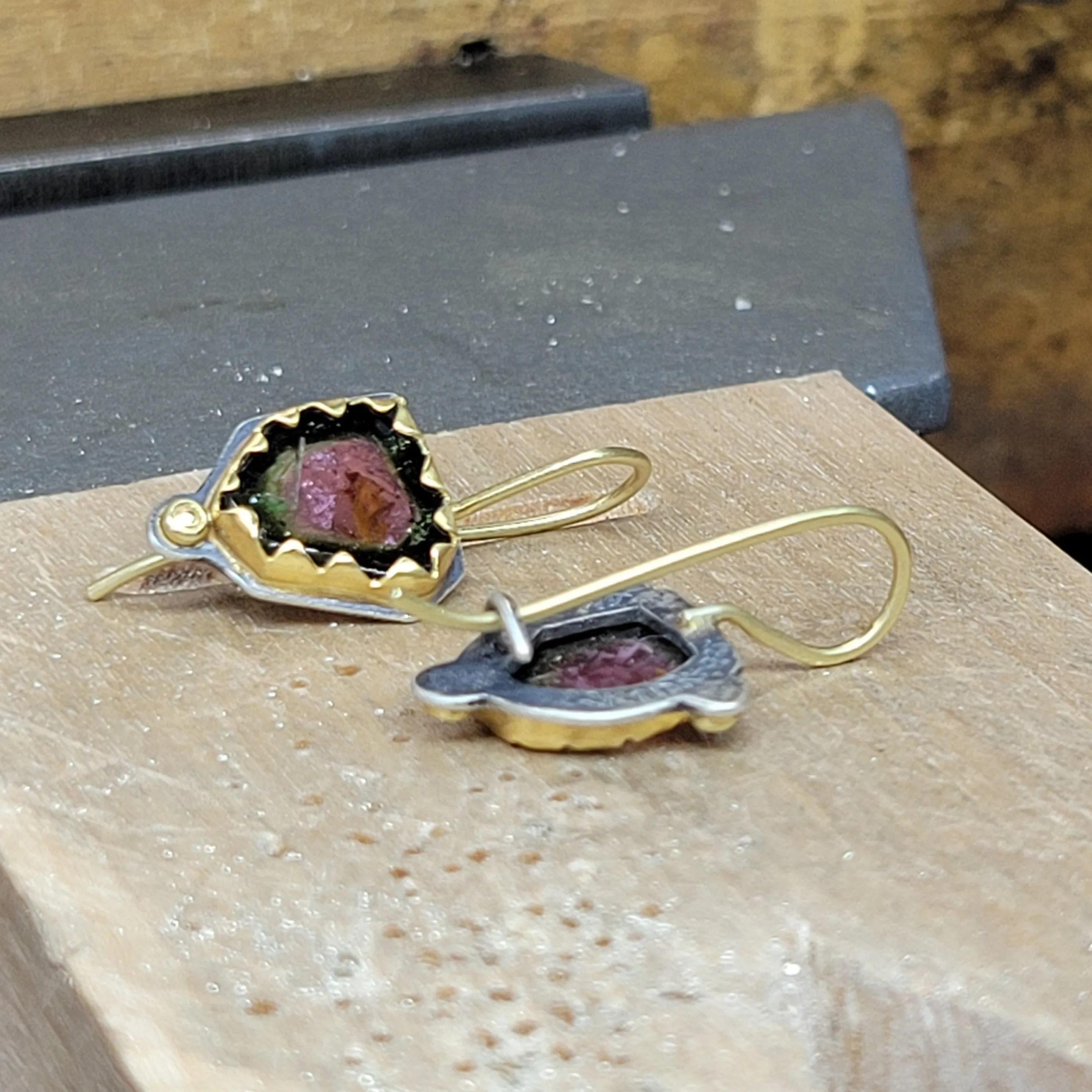 Watermelon tourmaline earrings in 22k, 18k and sterling