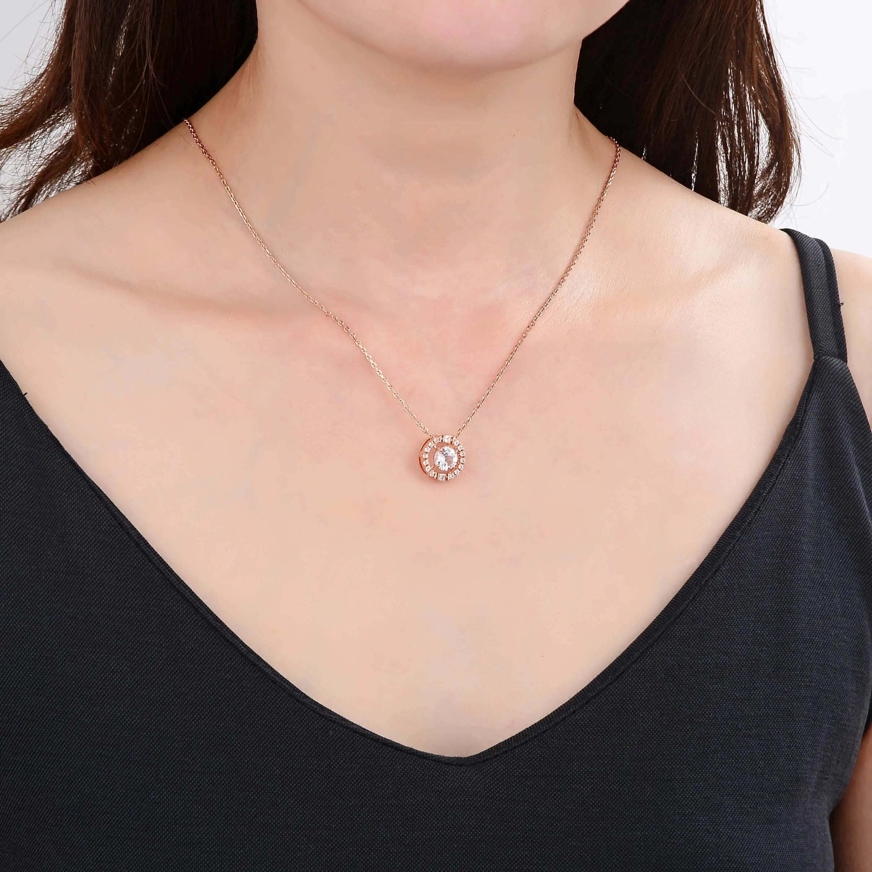 White Topaz Rose Gold Halo Necklace