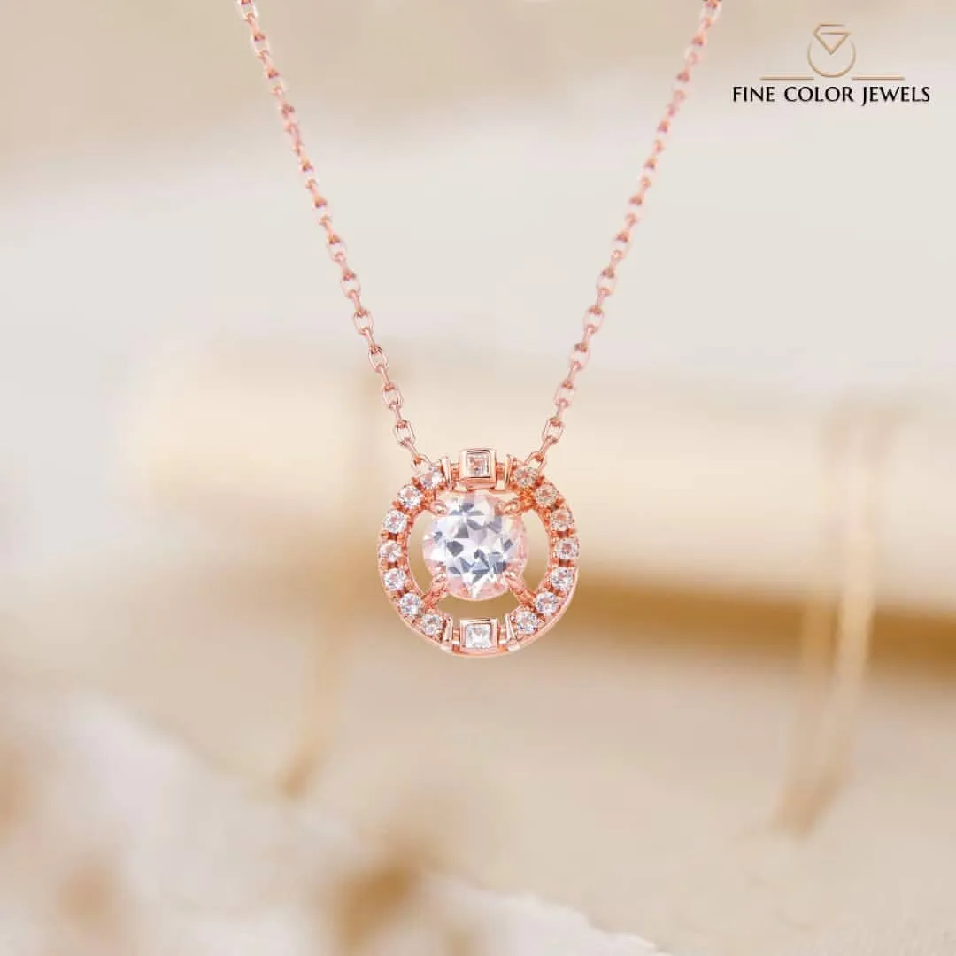 White Topaz Rose Gold Halo Necklace